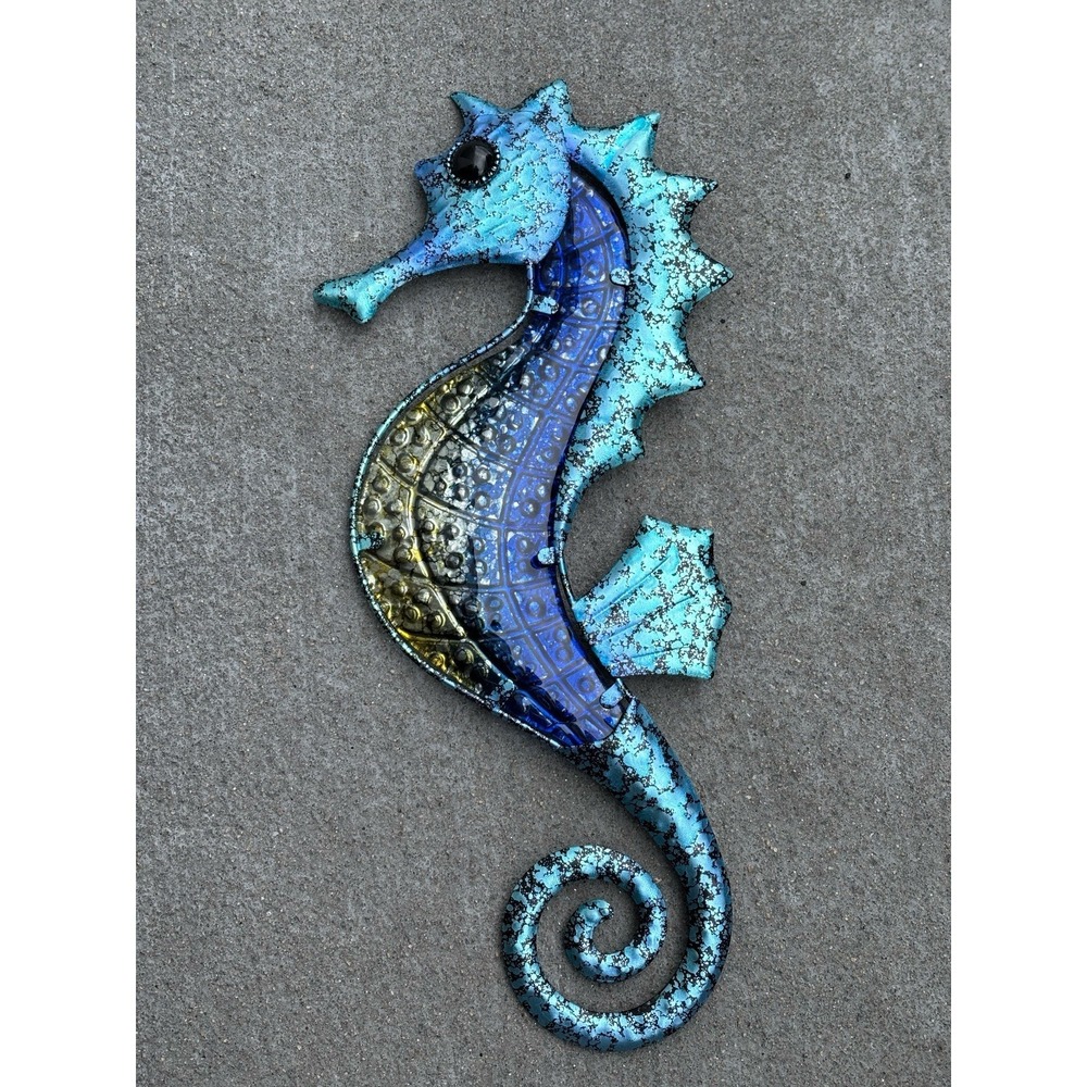 Sea Horse Home Decor Wall Hanging Beach Ocean Blue Black Multi Metal 14.5 x 6 In